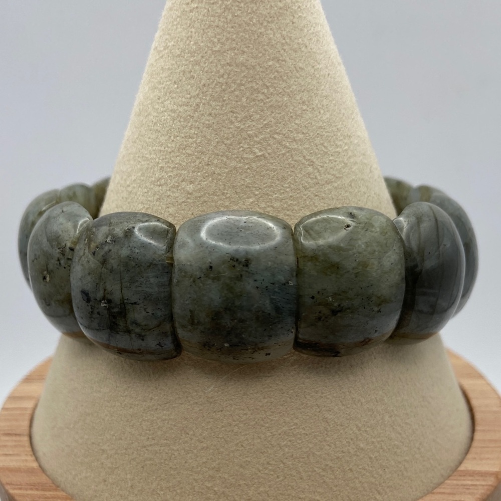 Hand Crafted Labradorite Gemstone Stretch Chunky Bangle Bracelet M/L